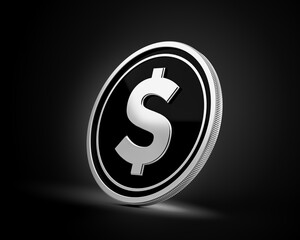 Shiny Silver And Black Rounded United States Dollar USD Coin On dark Background 3d Illustration