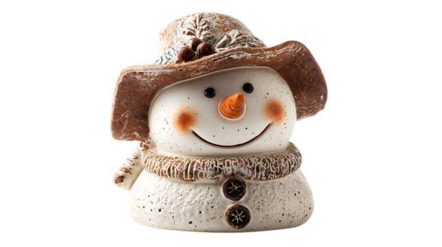 Cute snowman figurine isolated on transparent background.