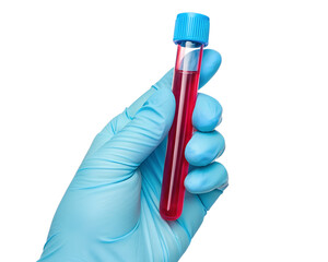 A real photo of a hand with a light blue glove holding a tube of EDTA containing red liquid on transparent background