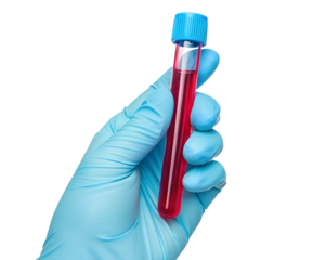 A real photo of a hand with a light blue glove holding a tube of EDTA containing red liquid on transparent background