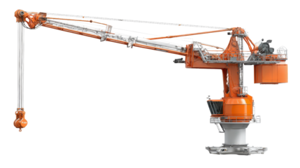 Telescopic crane arm fully extended with counterweight visible isolated on a Transparent background, PNG file.