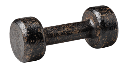 Textured black dumbbell showing wear and tear background isolated on a Transparent background, PNG file.