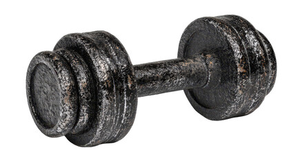 Textured black dumbbell showing wear and tear background isolated on a Transparent background, PNG file.