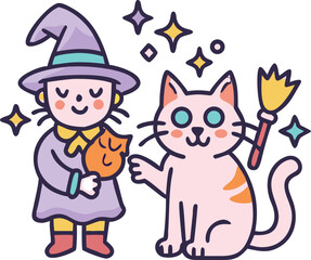 Cute Witch Girl with Cat and Magic Broom Cartoon