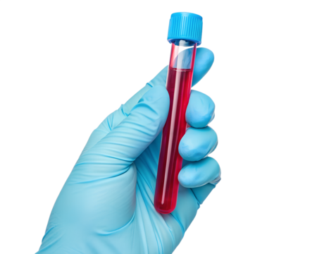A real photo of a hand with a light blue glove holding a tube of EDTA containing red liquid on transparent background