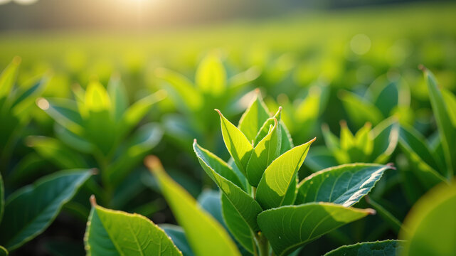 green wheat field . Green tea leaves in the field young tender bud herbal . Fresh tea plantations , green nature in herbal organic farm.
