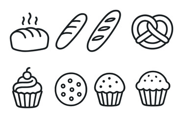 Bakery icons: loaf, baguette, pretzel, cupcake, cookie on black background