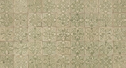 Weathered antique ceramic tiles featuring an intricate floral pattern in muted green and beige. A rustic and vintage texture background, perfect for historical or traditional designs.