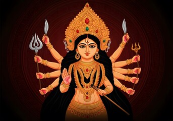 Magnificent Depiction of Goddess Durga: Ten Armed Deity in Traditional Indian Art