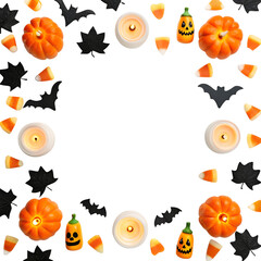 Halloween wreath with pumpkins candy corn candles and spooky bats isolated on transparent background
