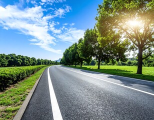 Scenic road through a lush landscape under a vibrant sky