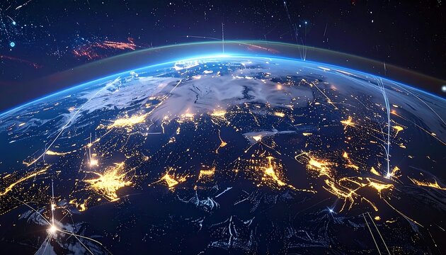 A globe at night, illuminated with city lights and connecting lines, set against a star-filled cosmos with blue atmospheric glow