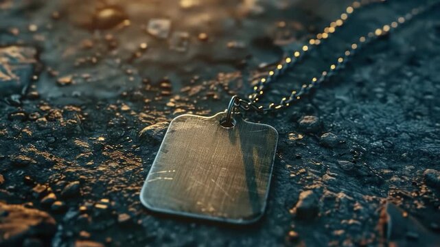 A dog tag lying on the ground attached to a chain, possibly lost or forgotten