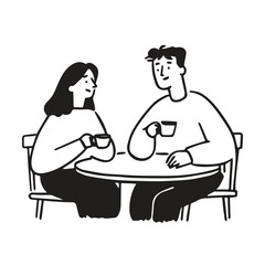 vector illustration: couple, man and woman, drinking coffee sitting at a table