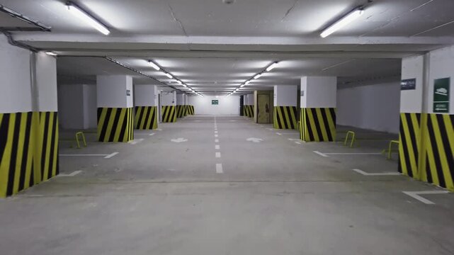Drive pov in empty large underground parking for cars