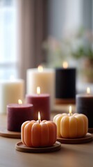 Decorative candles in various shapes and colors illuminating a cozy indoor setting during a tranquil evening.