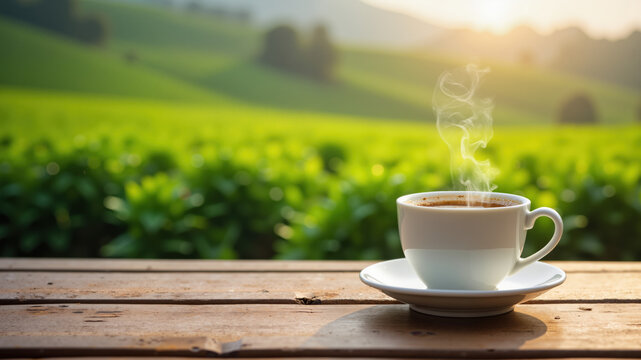 cup of coffee . Cup of hot tea on wooden table and tea plantations background
 - Powered by Adobe