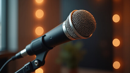 Fototapeta premium microphone on stage Professional microphone in a recording studio, podcast or interview background 