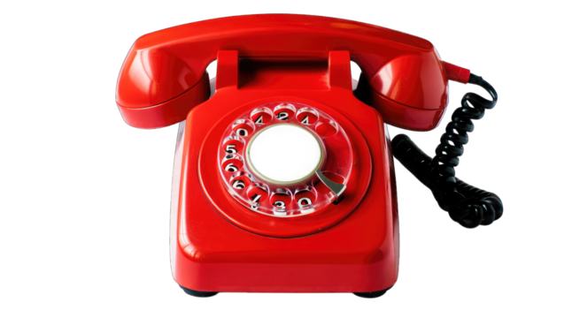 Vintage Red Rotary Dial Telephone on Black Background isolated on a transparent background