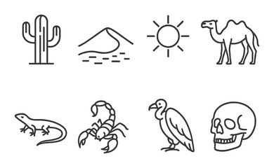Monochrome desert icons featuring camel, cactus, and sun illustrations