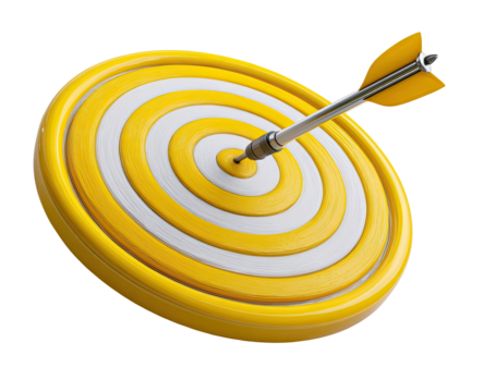 A yellow and white target with a metal arrow in the bullseye