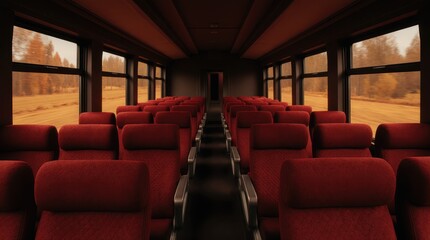 Cozy red‑seat train interior in wide perspective, motion‑blur autumn foliage outside the windows, gentle light and shadow enhance texture and depth for a contemplative journey atmosphere