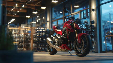 Red motorcycle in spotlight, showroom with modern display racks of helmets and motorcycles, cinematic light casting subtle shadows and reflections