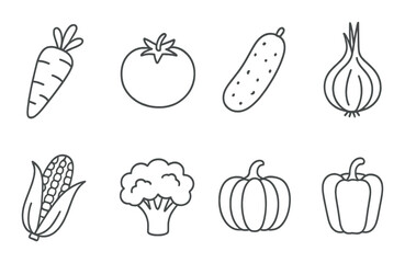 Outline of vegetables: carrot, tomato, cucumber, onion, corn, broccoli, pumpkin, bell pepper