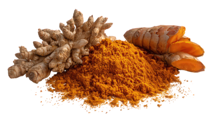 Turmeric Root Powder and Slices on Black Background