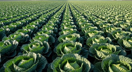 Fototapeta premium Vast field of vibrant green cabbage plants stretching to the horizon, showcasing organized rows and the beauty of agricultural cultivation under natural light.