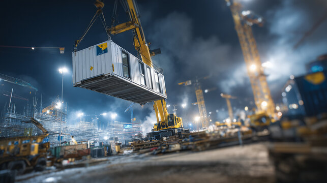 Wide-angle view of crane lifting a modular building section above busy construction site, scaffolding and machinery in background, cinematic industrial lighting