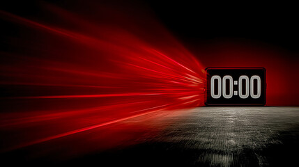 Digital timer showing 00:00 with red light trails speeding towards it