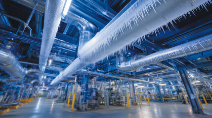 Frost forming along the length of interconnected industrial pipes, sharp blue-white highlights, high-tech mechanical background suggesting advanced facility