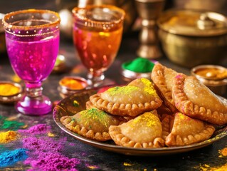 Close-up of traditional Indian sweets like gujiya and Holi-themed drinks on a festive table