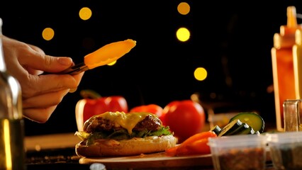 Artful Presentation of Burger with Fresh Ingredients and Cheese Topping