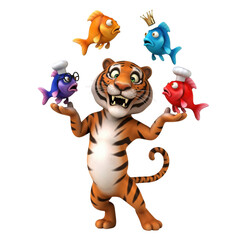 A Bengal Tiger Juggling Cartoon Fish with Chef Hats and a Crown in Dark Backdrop