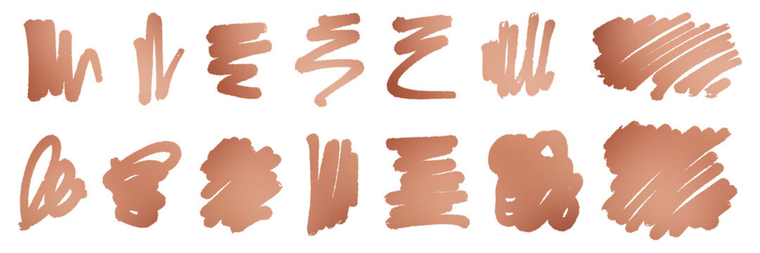 illustration: hand-drawn metallic and shiny copper set of different copper colored scribbles and doodles isolated on white or transparent png