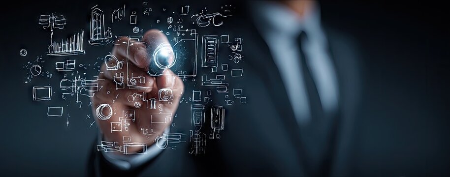 Businessman interacting with advanced digital data visualization on a futuristic interface. - Powered by Adobe