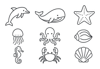 Sea creature outlines on dark background: dolphin, whale, starfish and more