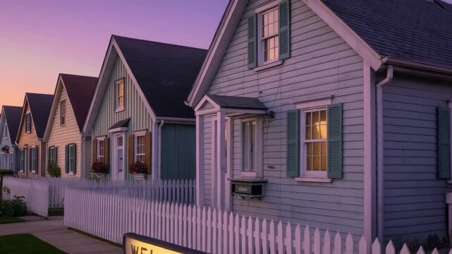 Row of charming cape cod style houses at sunset with a welcome home sign a picturesque scene of suburban tranquility