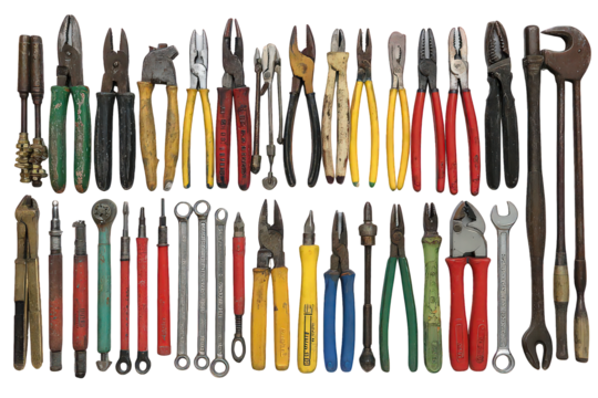 Assortment of Used Hand Tools on Transparent Background