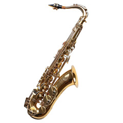 Golden saxophone displayed artistically on a clean white background emphasizing its design and craftsmanship