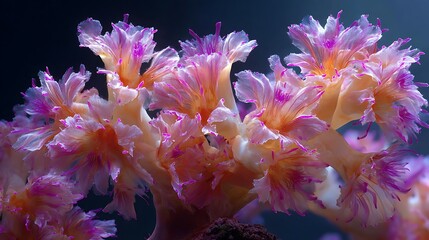 Fototapeta premium Close up view of a soft coral with pink and orange hues in an aquarium environment underwater scene