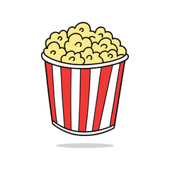 A hand drawn illustration of a classic red and white striped bucket overflowing with delicious fluffy popcorn perfect for movie night or cinema snacks