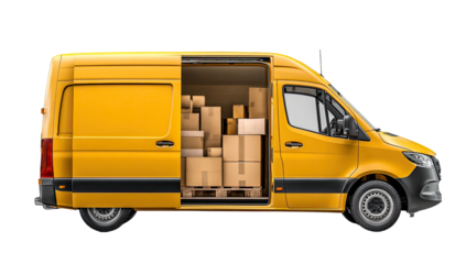 Yellow delivery van, loaded with boxes.  Side view, open cargo area