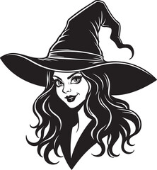 Black and white illustration of a witch with a large hat Keywords: witch, halloween, woman