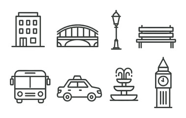 Urban icon set: buildings, transportation, and landmarks in monochrome design