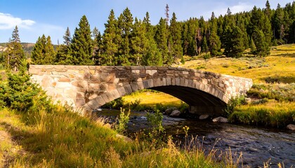 Scenic stone arch bridge over a stream in a meadow