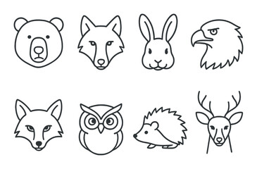 Stylized animal face icons: bear, fox, rabbit, eagle, owl, hedgehog, deer