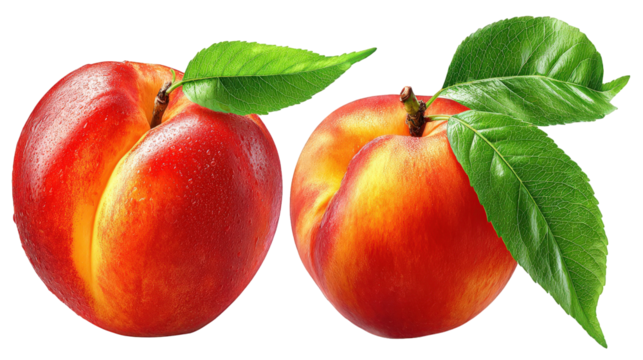 Two Ripe Peaches with Green Leaves on Transparent Background